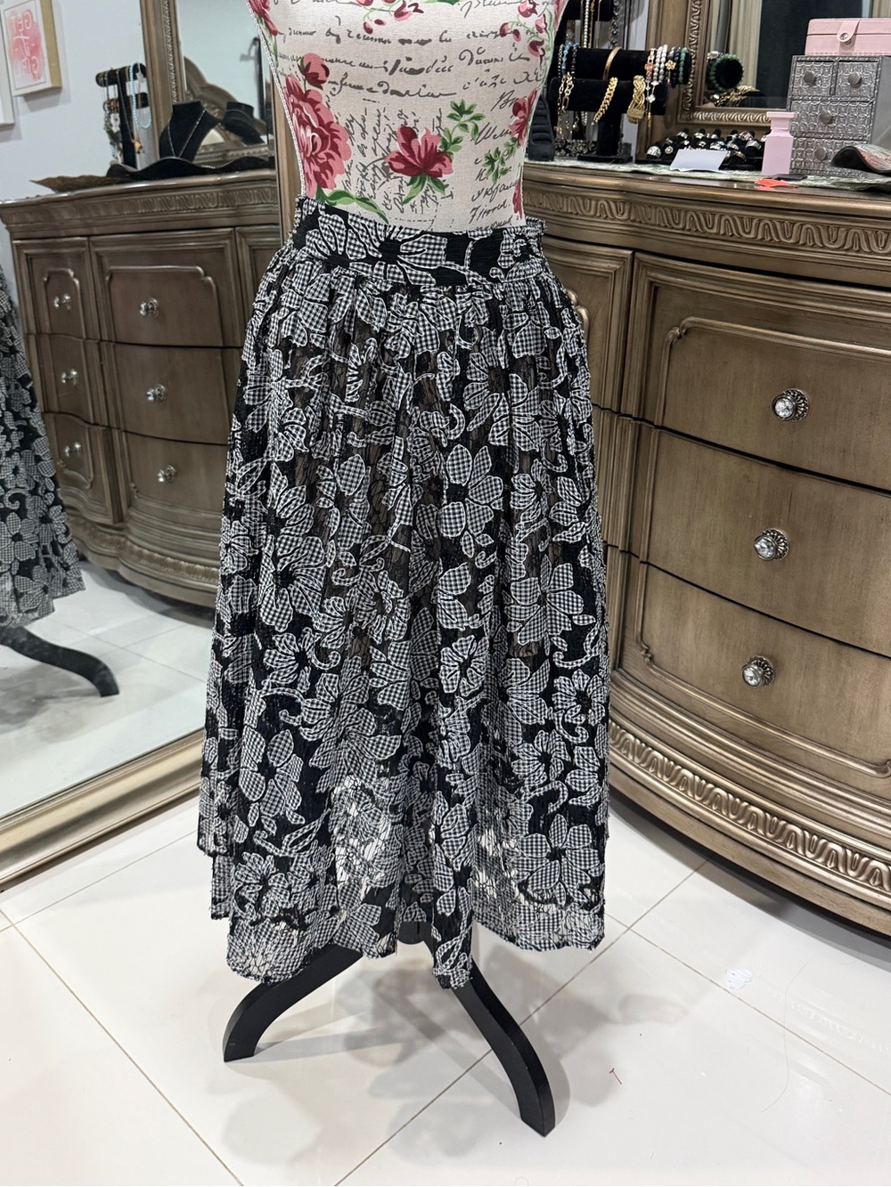 Zara Black & White Floral Lace Midi Skirt